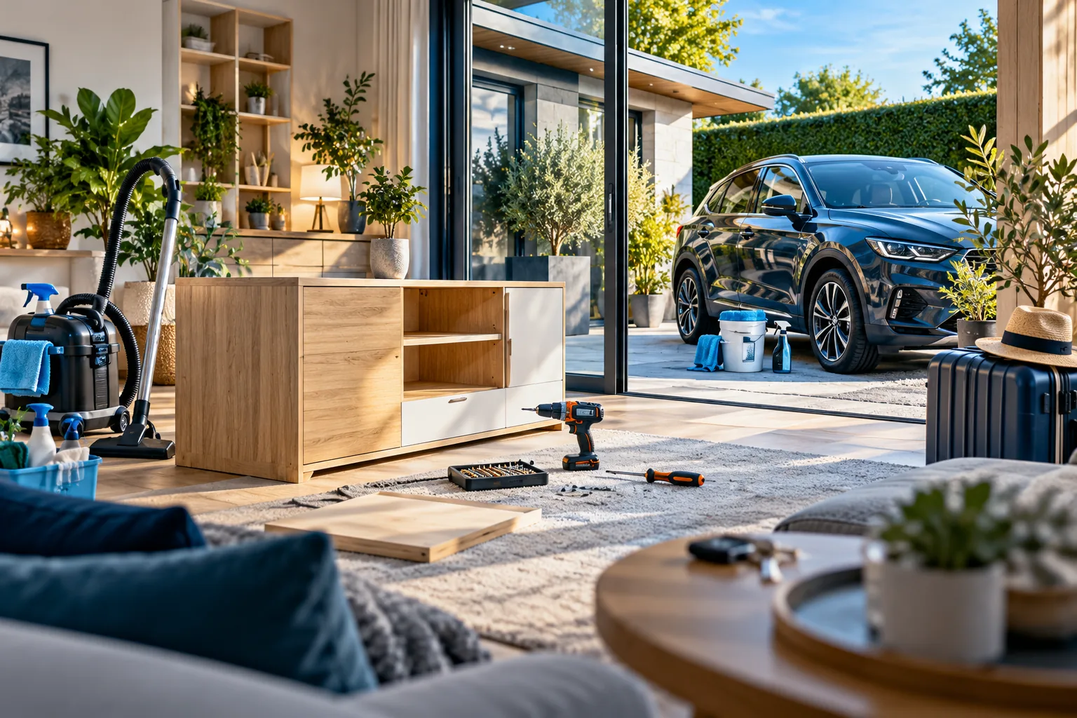 Illustration de prestations à domicile : entretien du logement, montage de meubles et nettoyage automobile